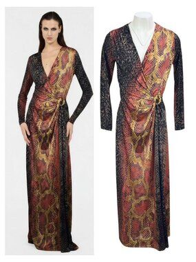 ROBERTO CAVALLI Snakeskin Long Sleeve Maxi Dress Size Small Made In Italy
